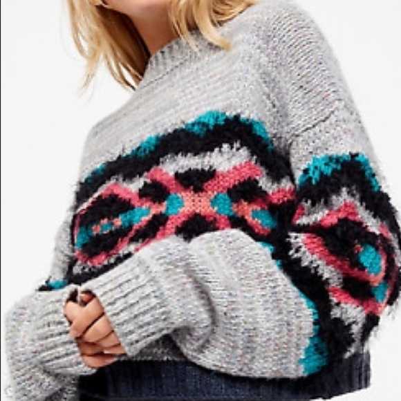 Free People I Heart You Aztec Patterned Wool Blend Sweater In Gray/Pink - Picture 2 of 10